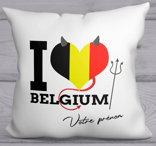 Coussin personnalisé prénom love Belgium Diable Rouge équipe de football de Belgique Euro 2020