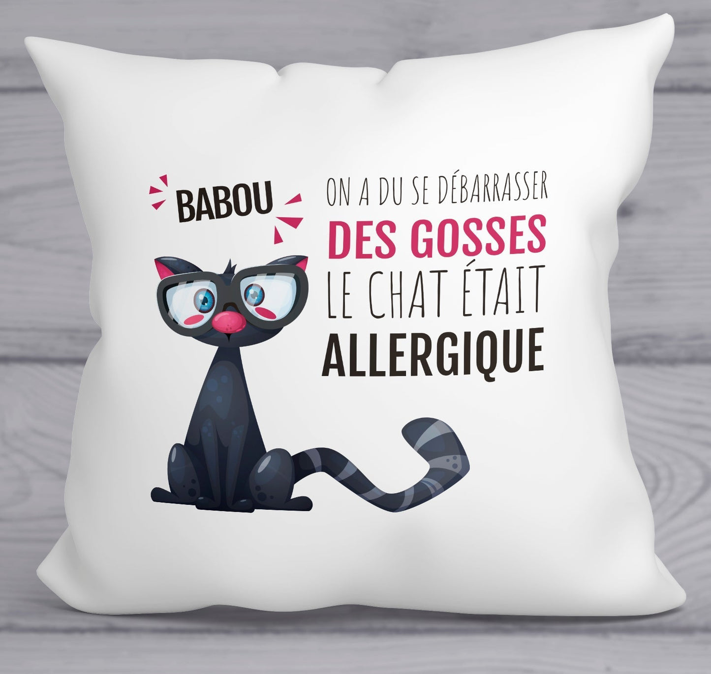 coussin humoristique personnalisable prénom chat allergique aux gosses