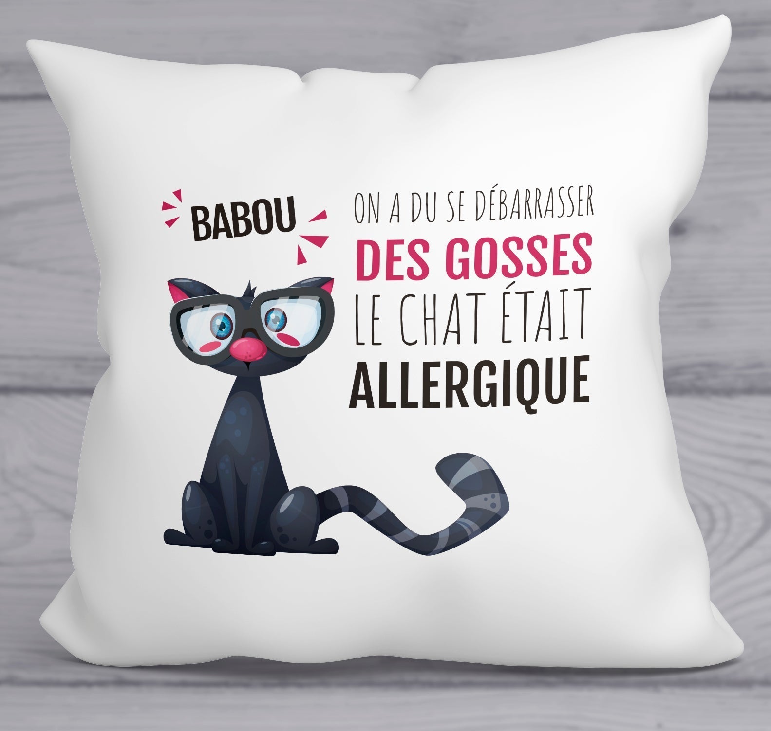 coussin humoristique personnalisable prénom chat allergique aux gosses