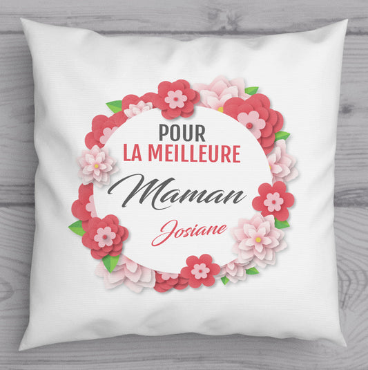 Coussin personnalisé motif fleurs avec prénom meilleure maman  Modifier le texte alternatif