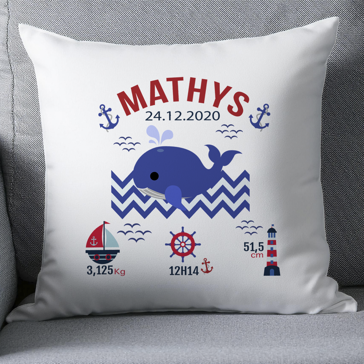 Coussin naissance personnalisé marin 