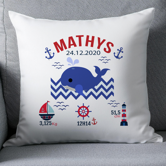Coussin naissance personnalisé marin 