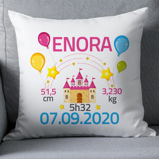 Coussin naissance personnalisé château de princesse bébé fille - Cadeau de naissance personnalisé 