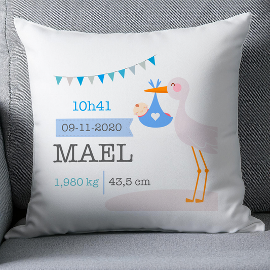 Coussin naissance personnalisé cigogne garçon bleu