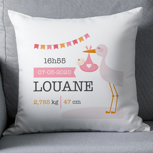 Coussin naissance personnalisé cigogne bébé fille