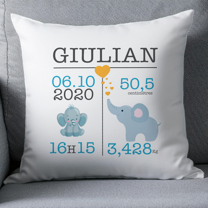 Coussin naissance personnalisé bébé éléphant 