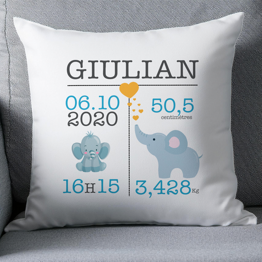 Coussin naissance personnalisé bébé éléphant 