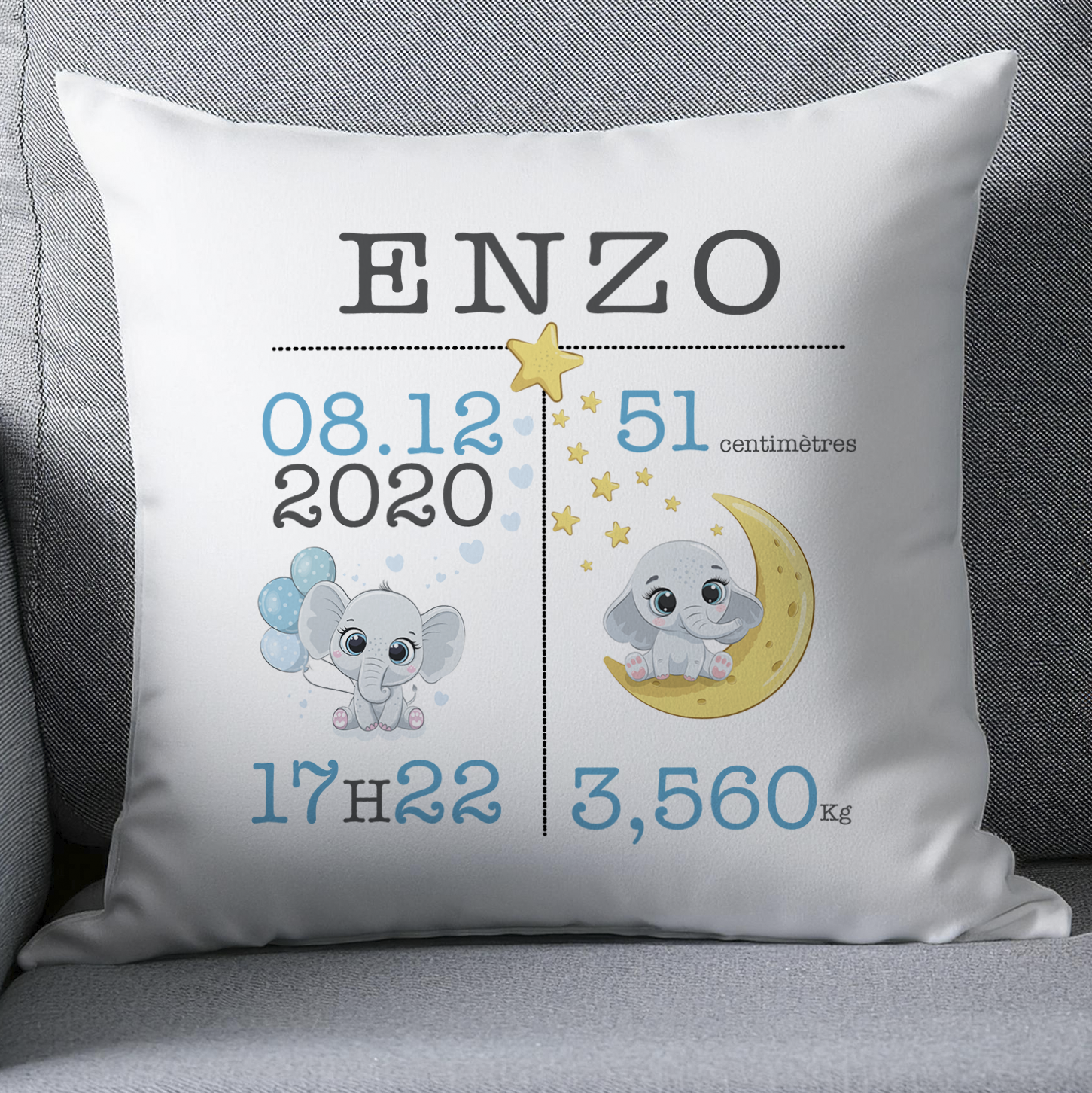 Coussin naissance personnalisé éléphant sur la lune - Cadeau de naissance bébé personnalisé