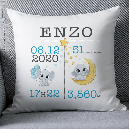Coussin naissance personnalisé éléphant sur la lune - Cadeau de naissance bébé personnalisé