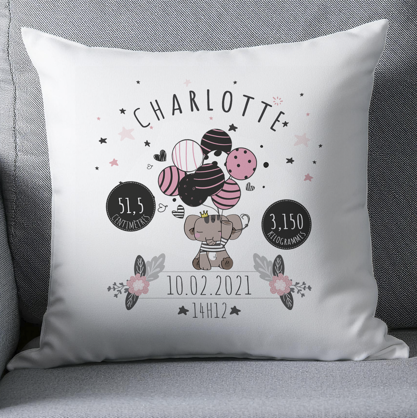Coussin naissance personnalisé éléphant rose avec ballons - Cadeau de naissance personnalisé bébé fille