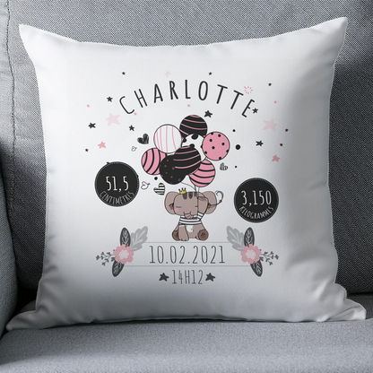 Coussin naissance personnalisé éléphant rose avec ballons - Cadeau de naissance personnalisé bébé fille