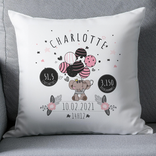 Coussin naissance personnalisé éléphant rose avec ballons - Cadeau de naissance personnalisé bébé fille