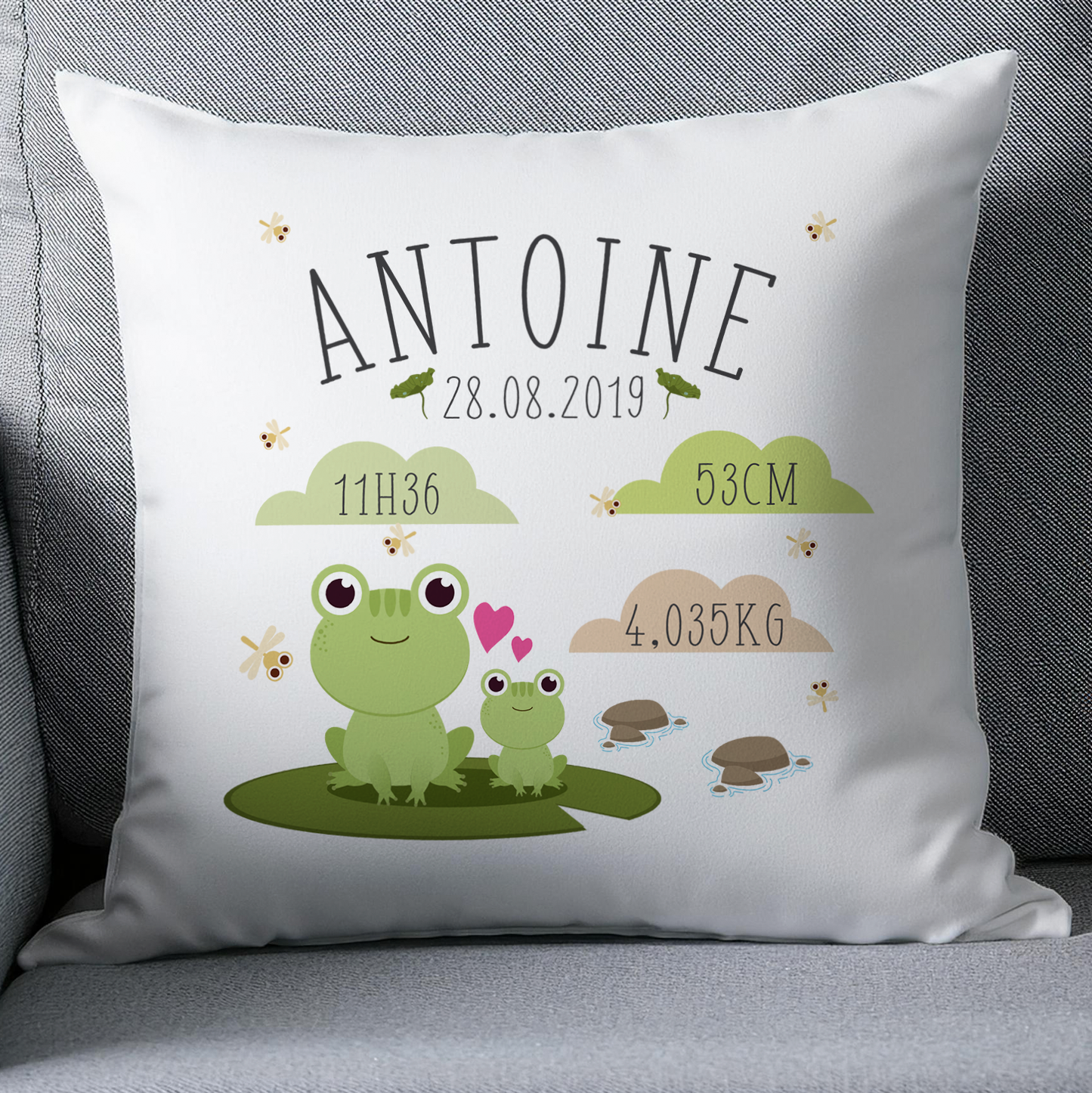 Coussin naissance bébé personnalisé grenouille. Cadeau naissance personnalisable