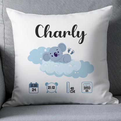 Coussin naissance Koala Bleu personnalisable - idée cadeau naissance