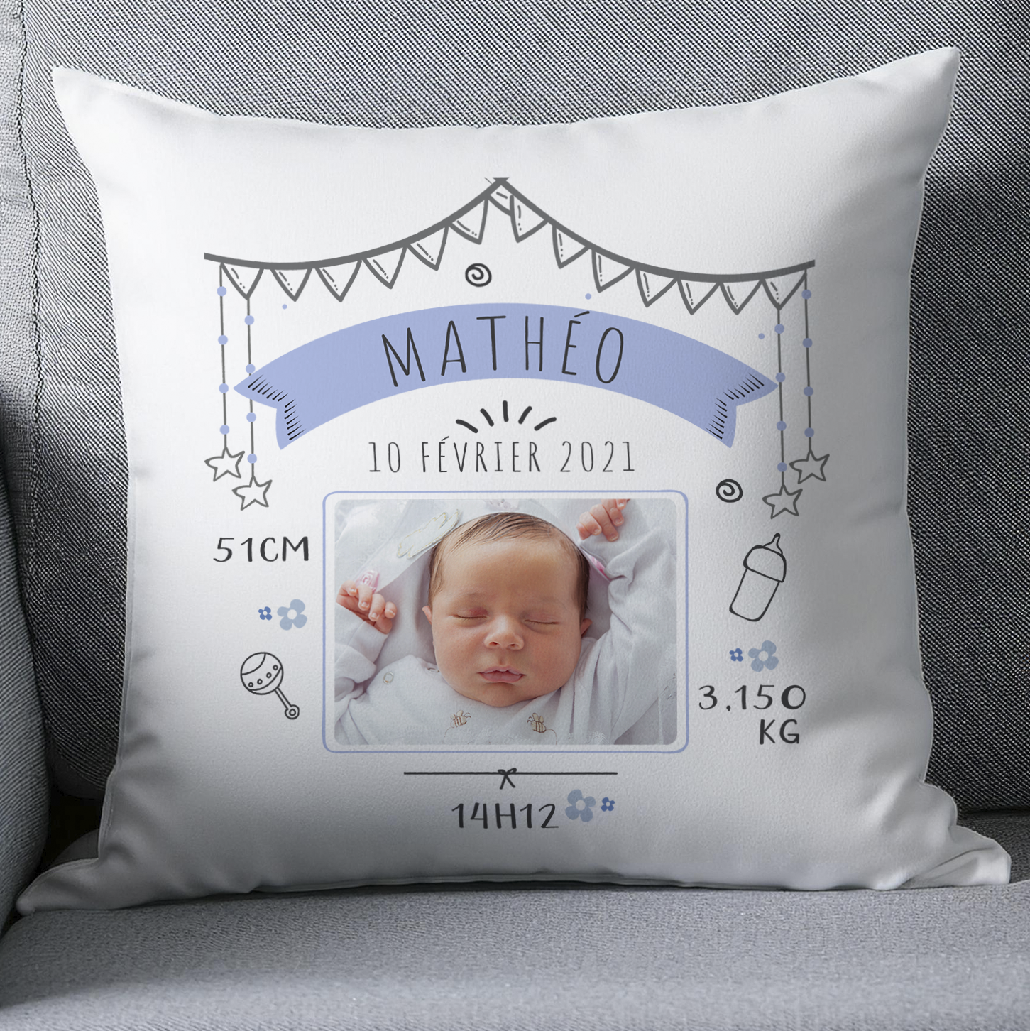 Coussin naissance bébé personnalisé photo modèle garçon bleu