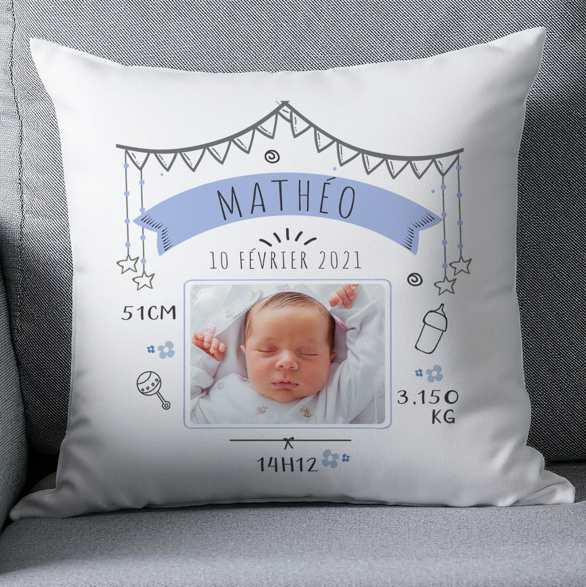 Coussin naissance bébé personnalisé photo modèle garçon bleu