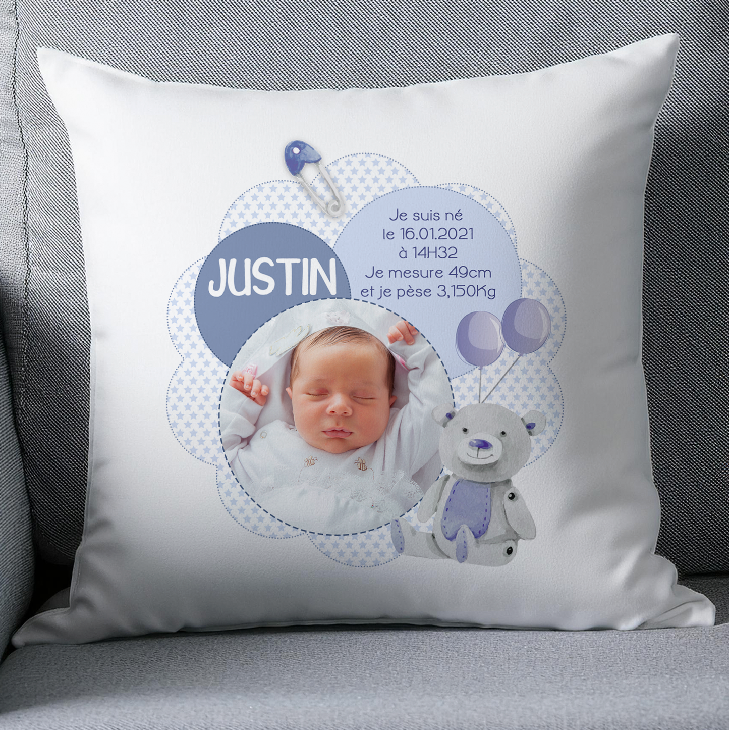 Coussin naissance photo personnalisé - Cadeau de naissance