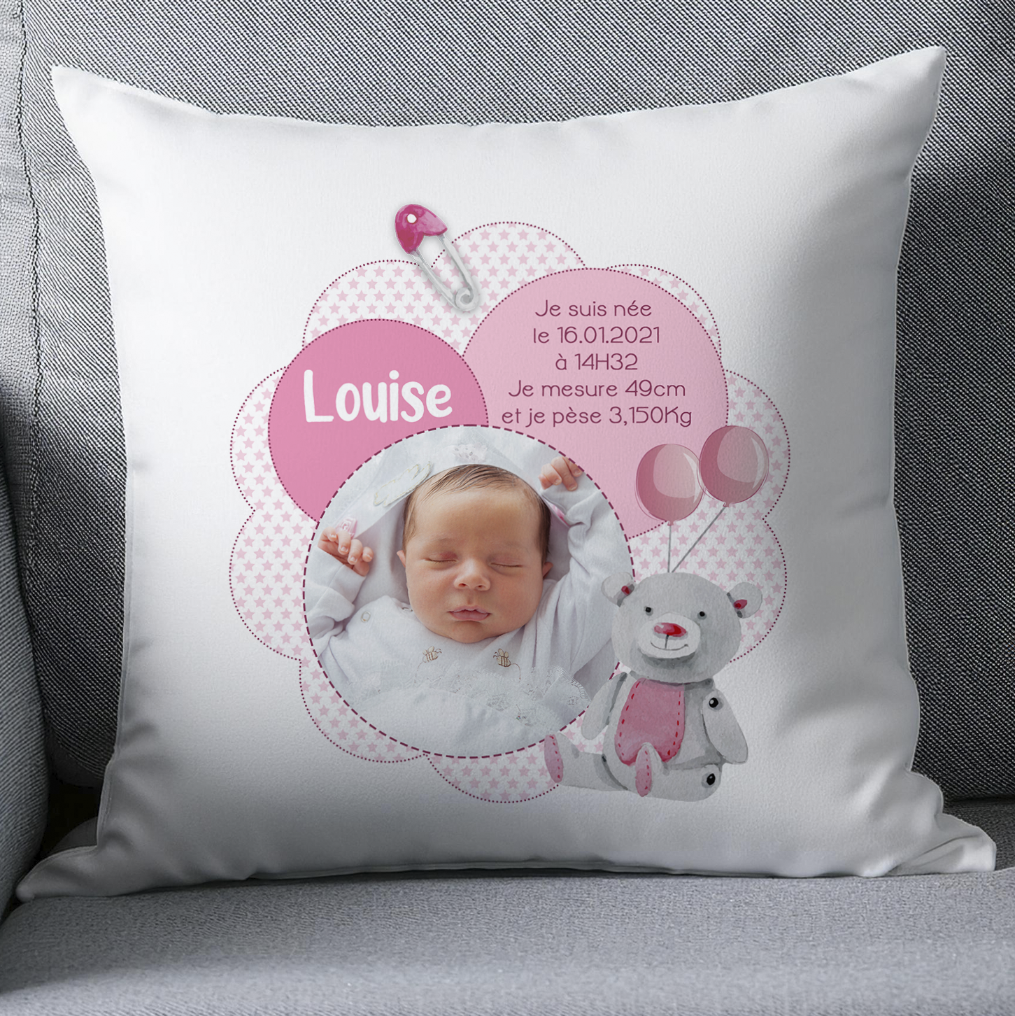 Coussin naissance photo personnalisé fille - Cadeau de naissance bébé fille