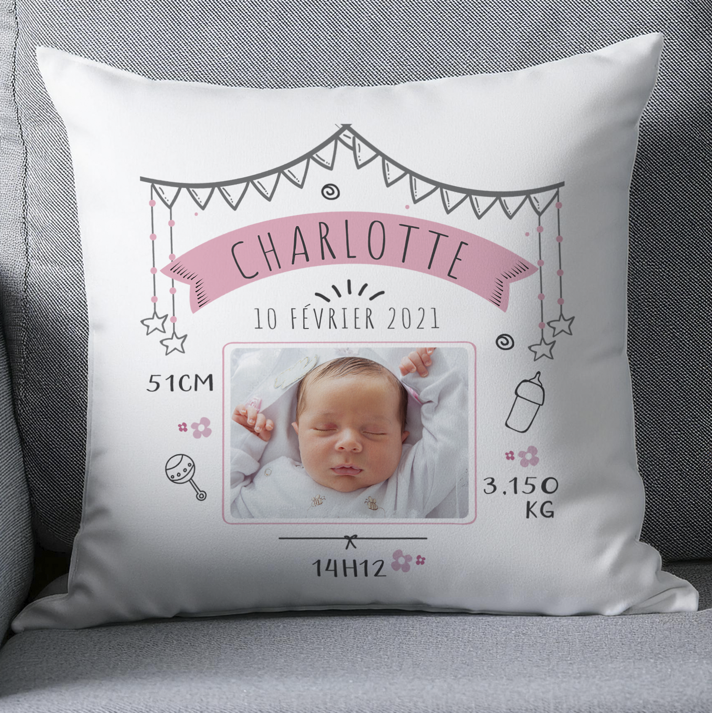 Coussin naissance bébé personnalisé photo