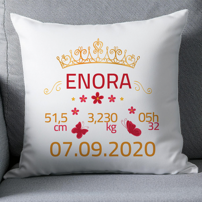Coussin naissance personnalisé Princesse - Cadeau de naissance bébé couronne 