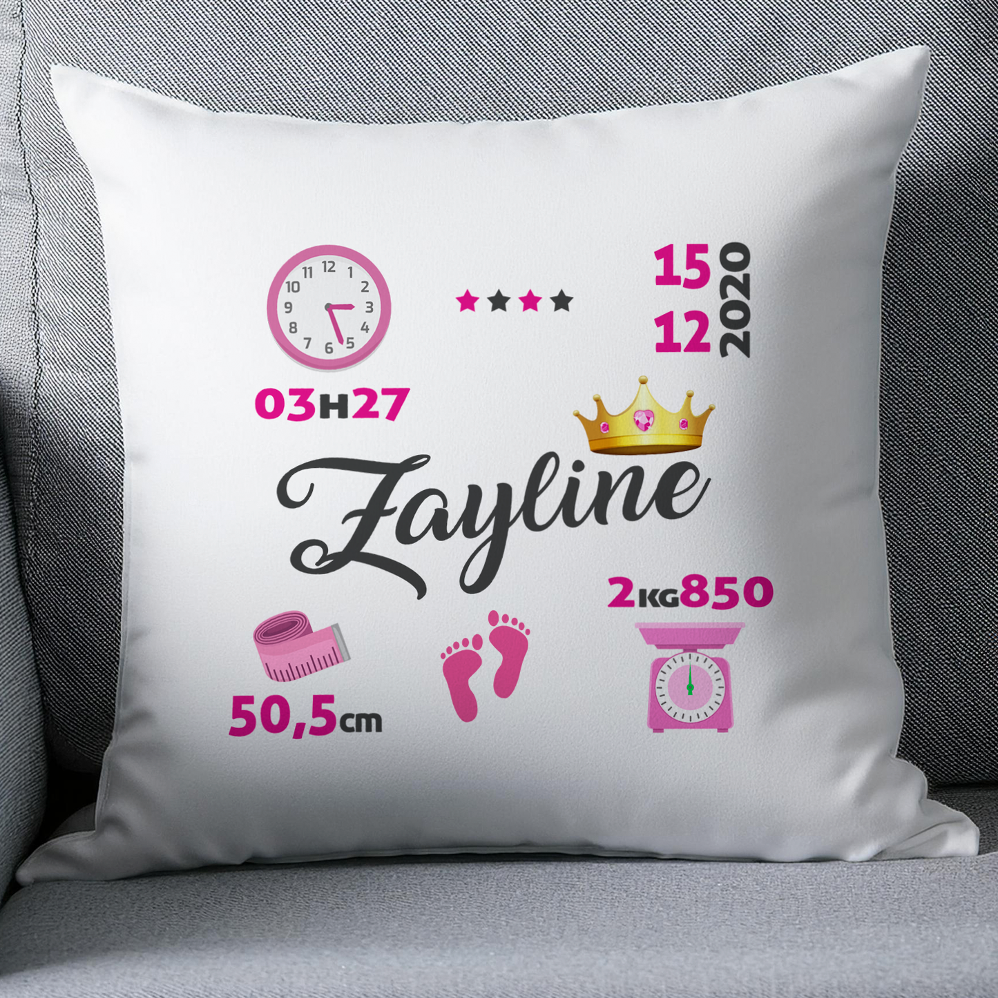 Coussin naissance personnalisé rose avec couronne - Cadeau de naissance personnalisé bébé fille