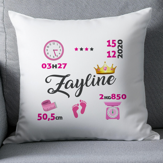 Coussin naissance personnalisé rose avec couronne - Cadeau de naissance personnalisé bébé fille