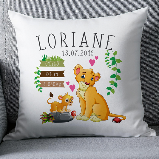 Coussin naissance personnalisée lion cadeau de naissance