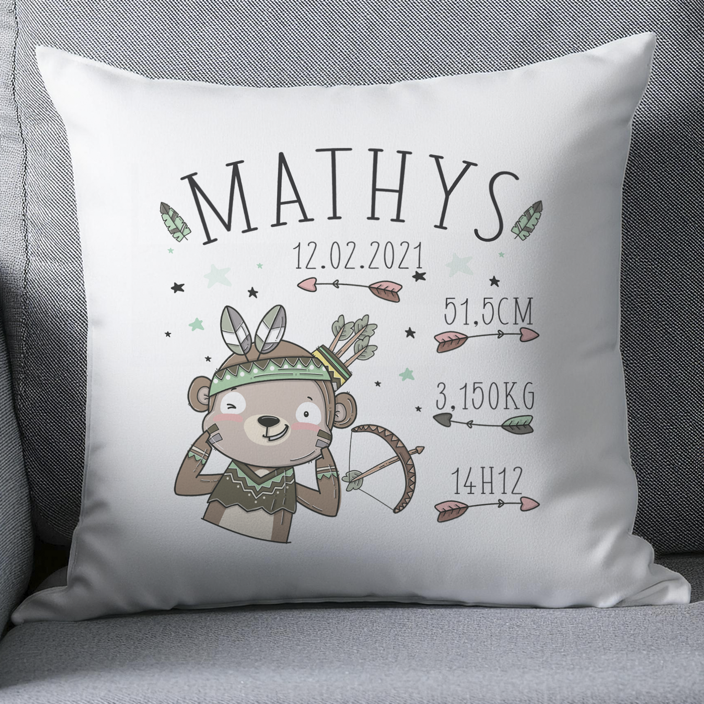 coussin naissance personnalisé singe indien 