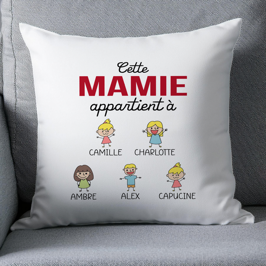 Coussin personnalisé Mamie appartient à avec illustrations des petits-enfant et prénoms – Cadeau touchant et unique