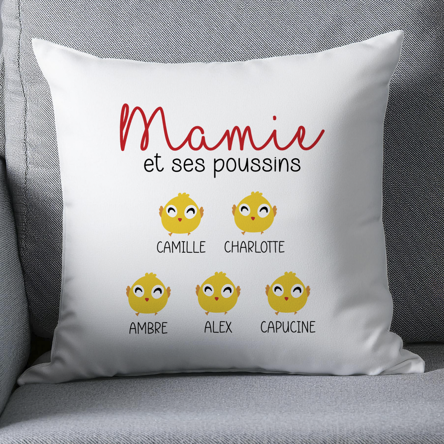 Coussin personnalisé Mamie et ses poussins avec prénoms – Cadeau touchant et unique