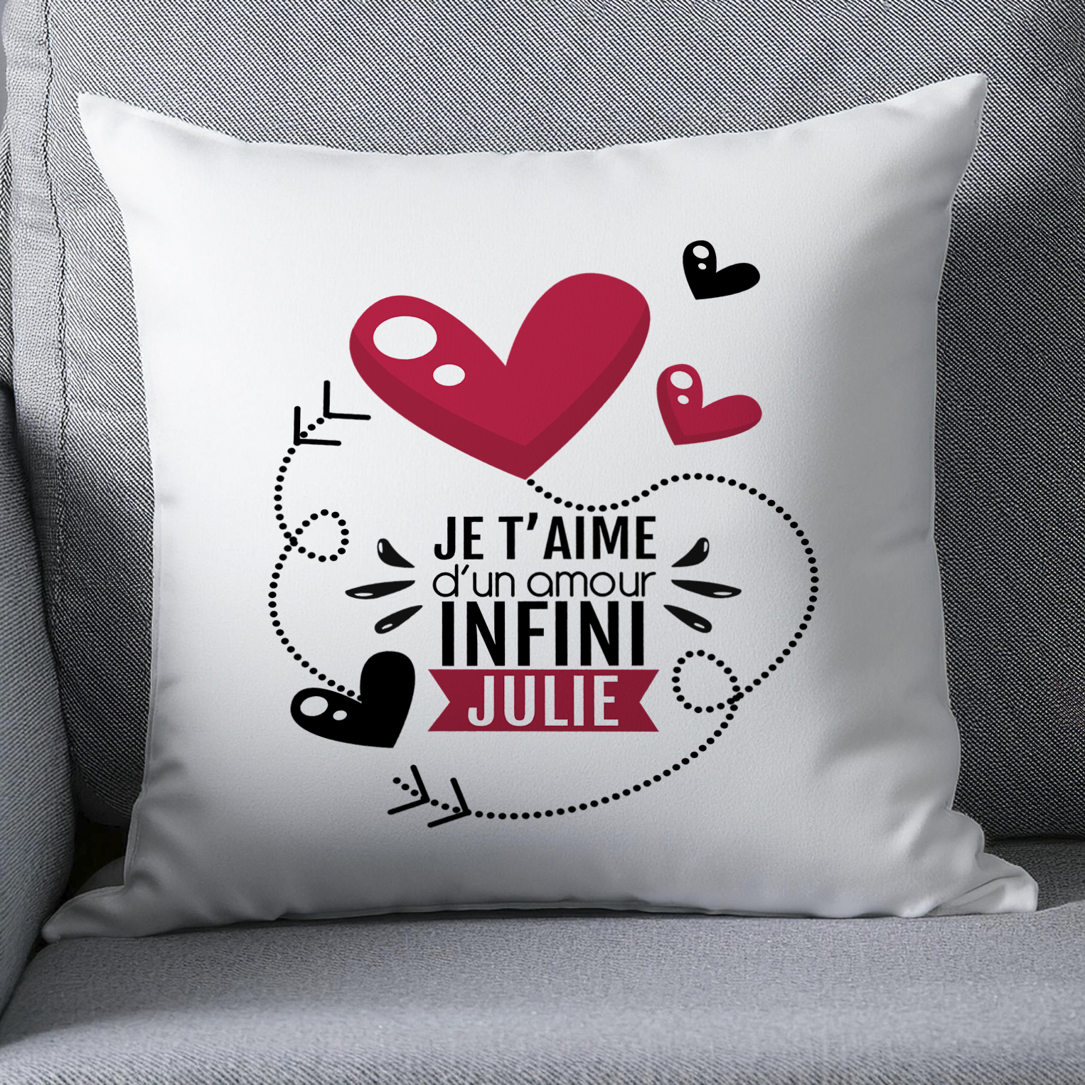 Coussin Saint-Valentin personnalisé avec prénoms "Je t'aime d'un amour infini"