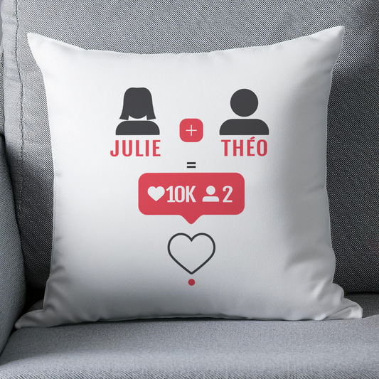 Coussin Saint-Valentin personnalisé réseaux sociaux Instagram pour couple avec prénoms