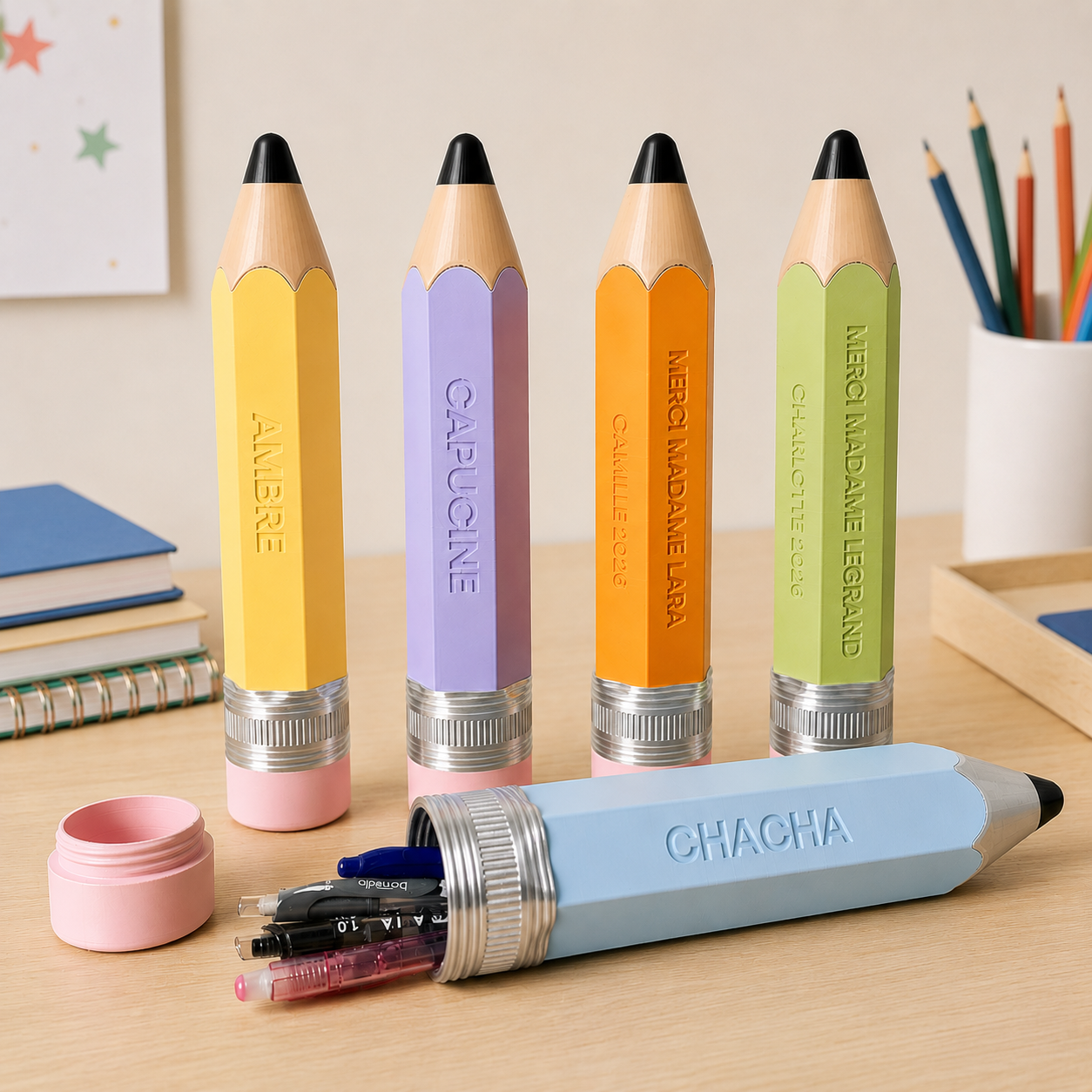 Crayon plumier XXL personnalisé 25cm impression 3D - cadeau maîtresse fin d'année - 6 couleurs pastels - Koala Bleu