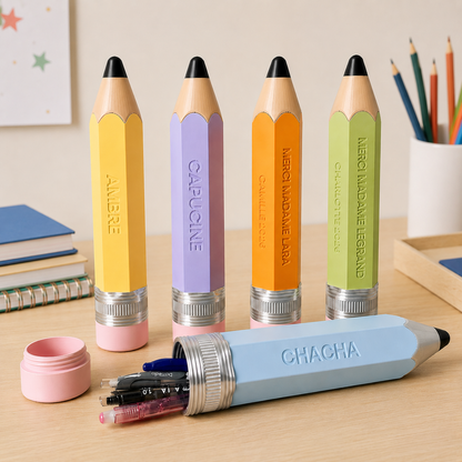 Crayon plumier XXL personnalisé 25cm impression 3D - cadeau maîtresse fin d'année - 6 couleurs pastels - Koala Bleu