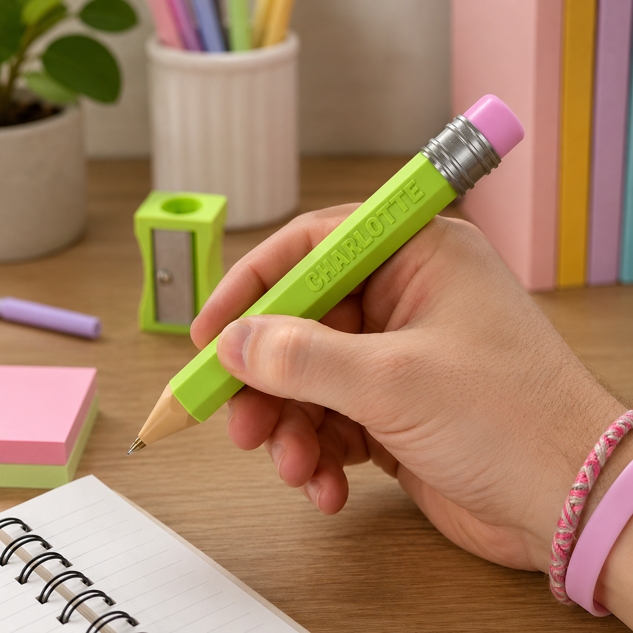 Crayon géant personnalisé en relief avec prénom, recharge Bic incluse et taille-crayon support, coloris pastel
