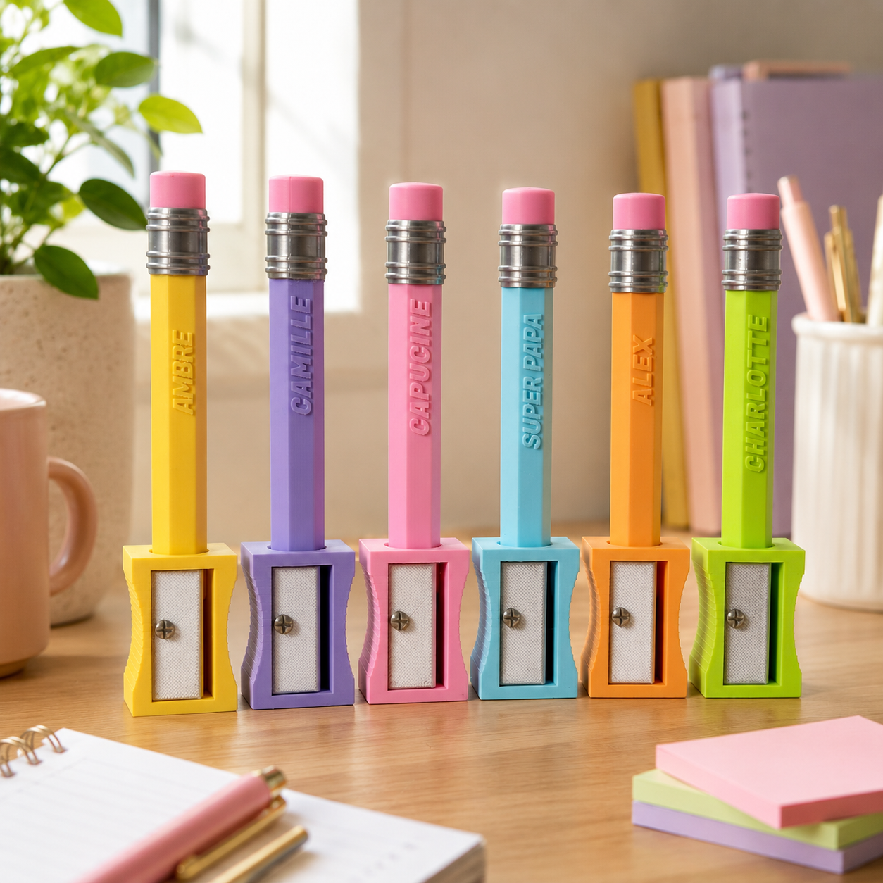 Crayon Bic personnalisé XXL avec prénom gravé en relief, posé dans son taille-crayon support, coloris pastel assortis