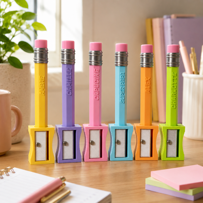 Crayon Bic personnalisé XXL avec prénom gravé en relief, posé dans son taille-crayon support, coloris pastel assortis