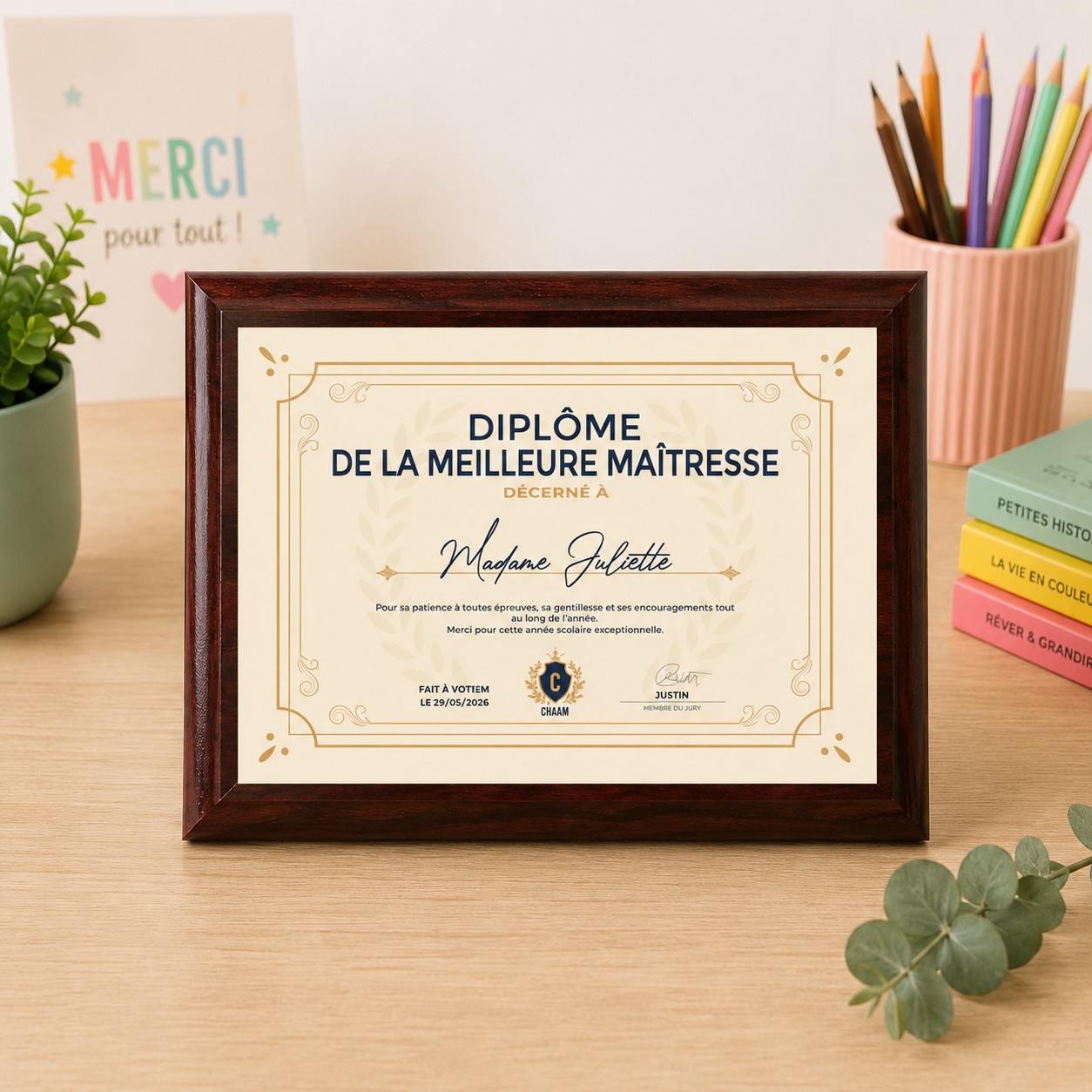 Diplome de la meilleure maitresse - Un cadeau originale et inoubliable pour célébrer maitresse à la fin de l'année scolaire