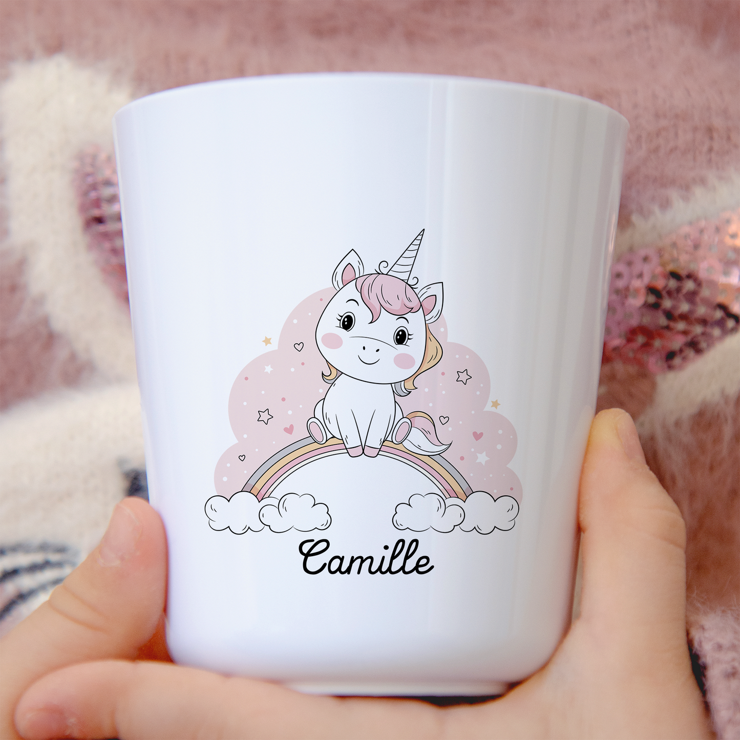 Gobelet enfant personnalisable – Licorne arc-en-ciel