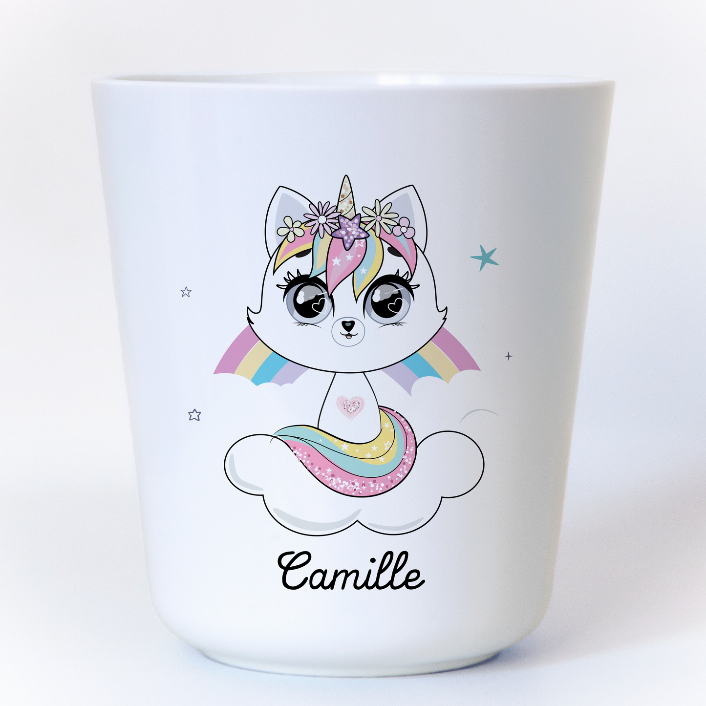 Gobelet enfant personnalisé avec un chat licorne et un prénom