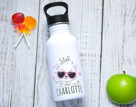 Gourde personnalisable enfant motif chat star avec lunettes de soleil et prénom