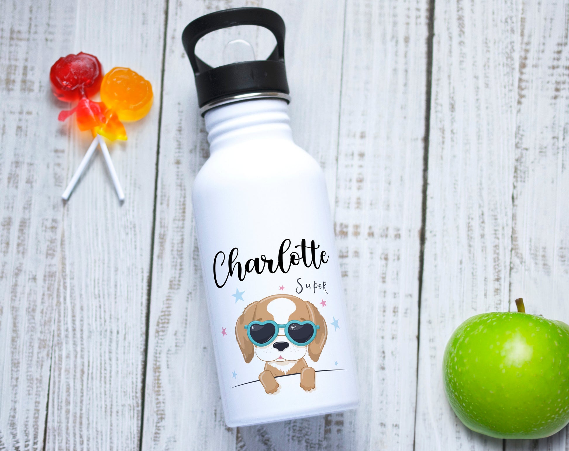 Gourde personnalisé chien star avec lunettes de soleil avec prénom en acier inoxydable