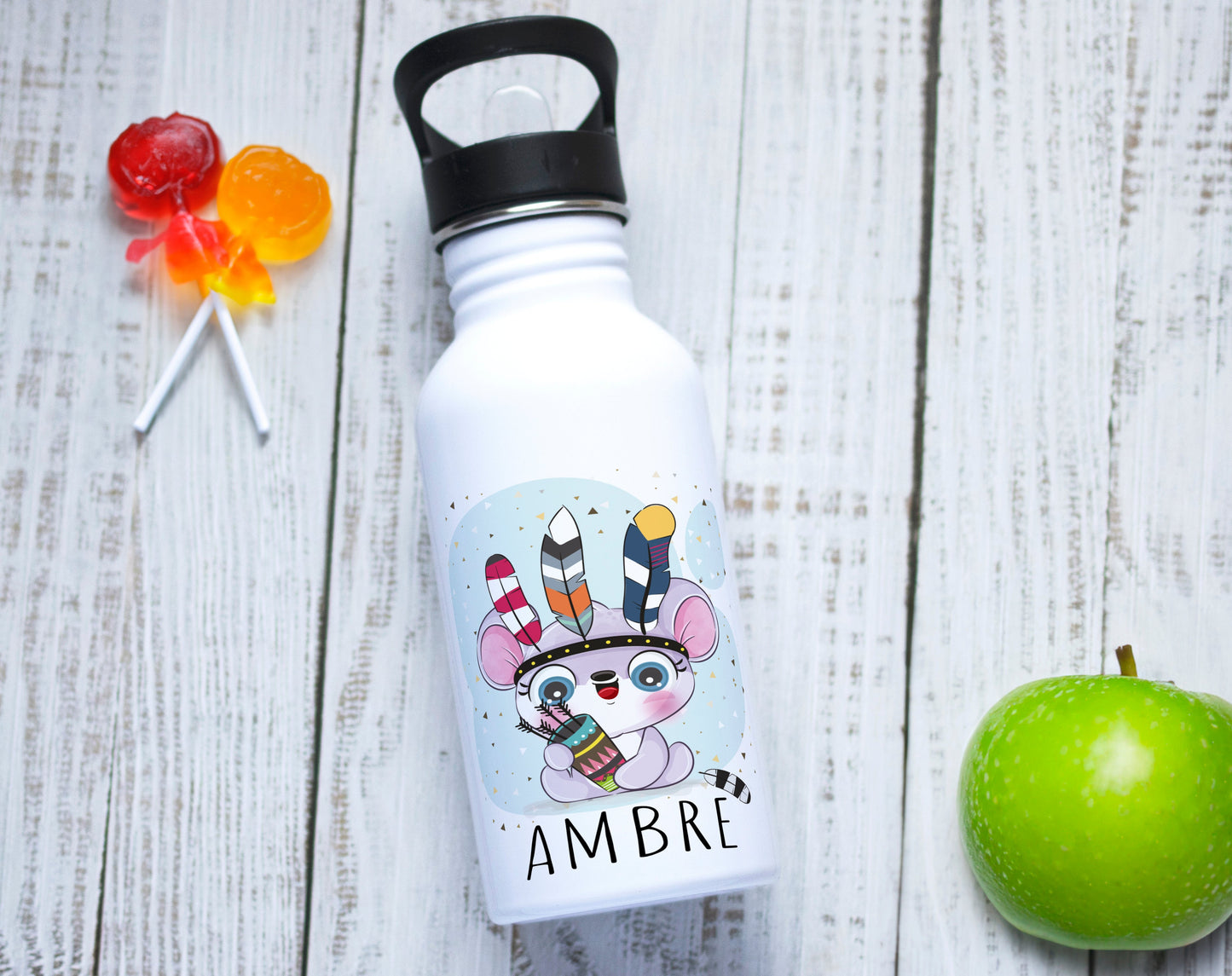 Gourde ourson boho prénom acier inoxydable personnalisable