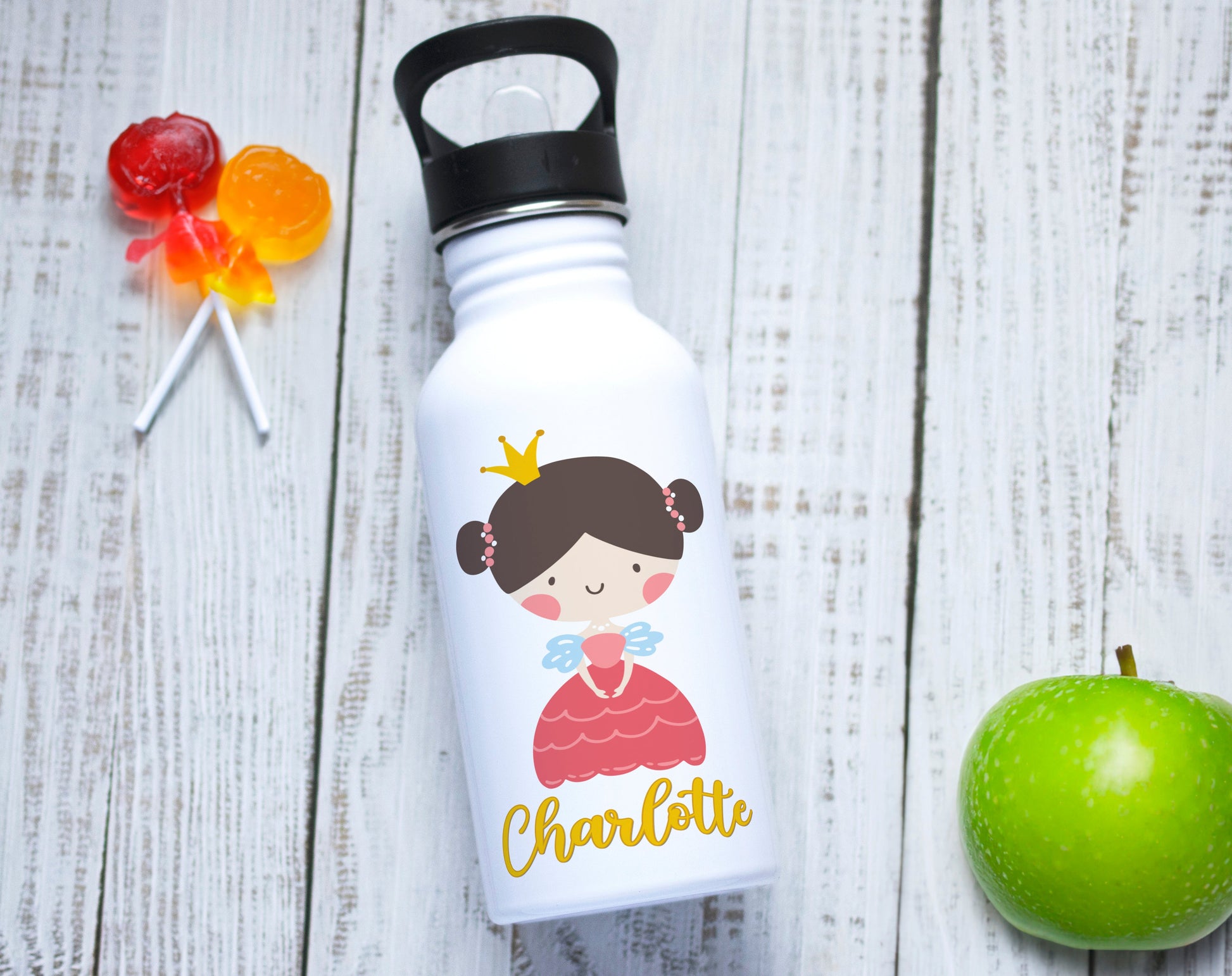 Gourde personnalisée en acier inoxydable avec motif imprimé Princesse et prénom de votre enfant