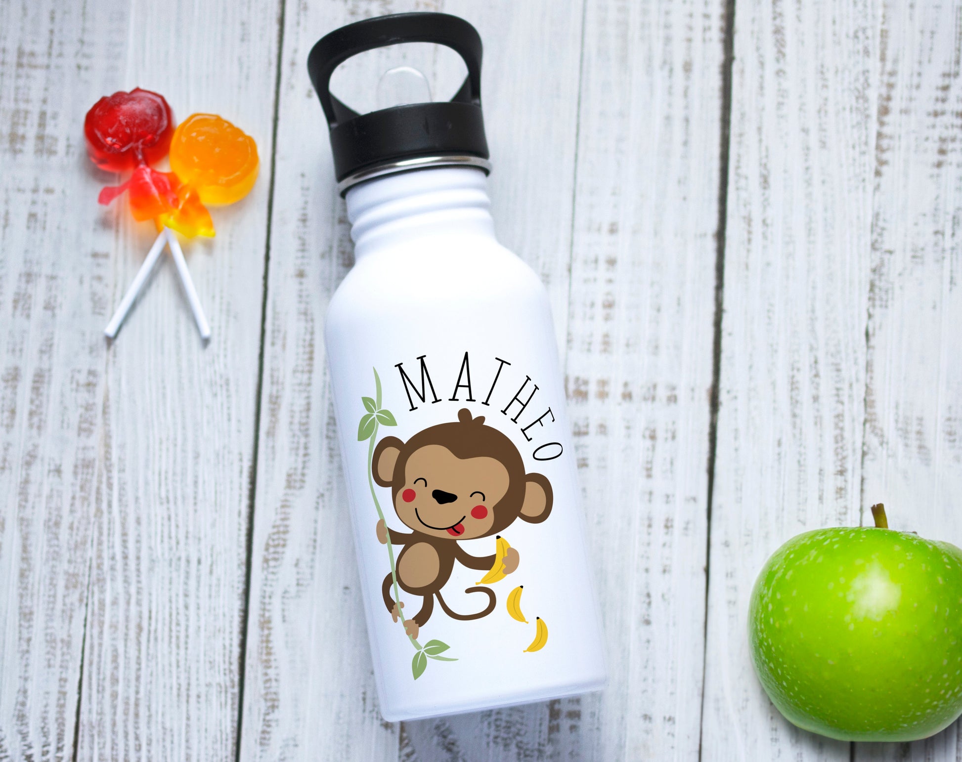 Gourde personnalisée petit singe avec prénom en acier inoxydable