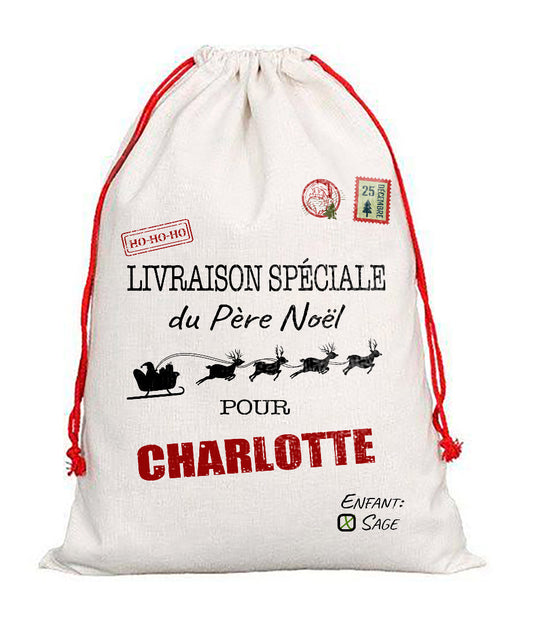 Hotte du père Noël personnalisée prénom. Un sac à cadeaux de Noël