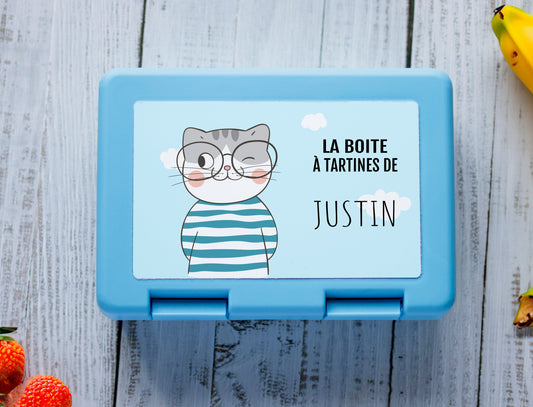 Boite à tartines personnalisée prénom avec petit chat à lunettes