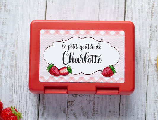 Boite à tartines personnalisée prénom avec motif fraises à l'ancienne