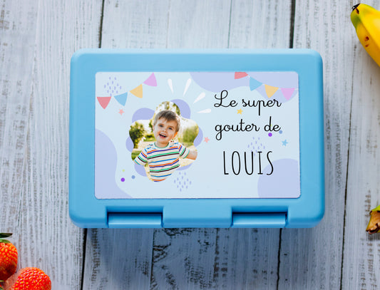 Boite à tartines ou a goûter bleu personnalisée avec le photo et le prénom de votre enfant