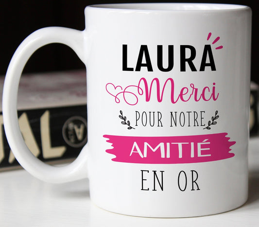 mug merci pour notre amitié en or personnalisable prénom